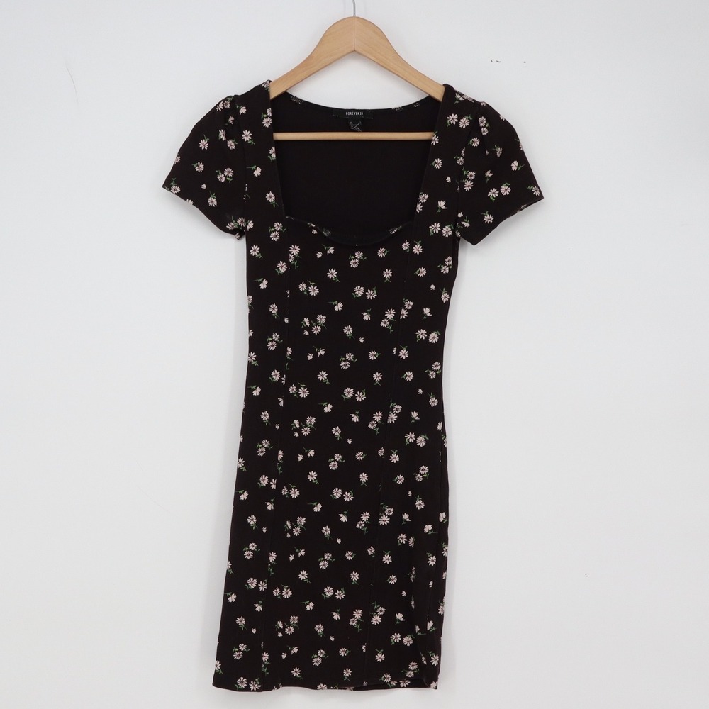 Forever 21 Mini Dress Womens S Floral Black Daisy Ribbed Short Sleeve Excellent